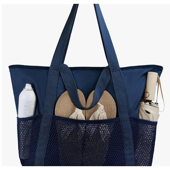 Beach Bag Large Waterproof Sandproof Foldable Tote with Zipper Mesh Pockets - Picture 5 of 5